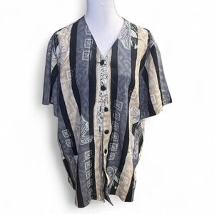 TAN JAY | Large black + cream striped button up blouse with floral vintage